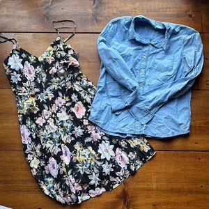 Gap bundle, gap dress and gap button up. Dress is a medium, shirt is a large.